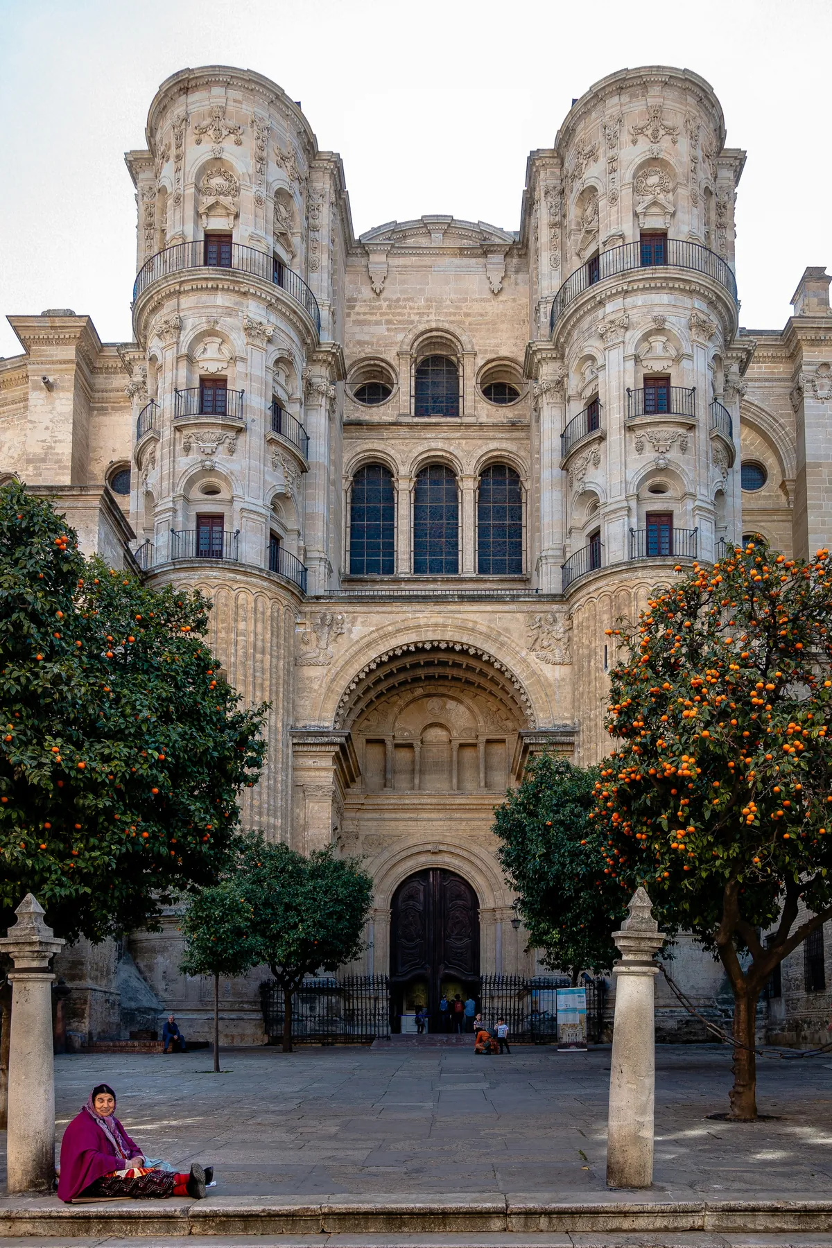 Morning light and orange trees beside Malaga Cathedral