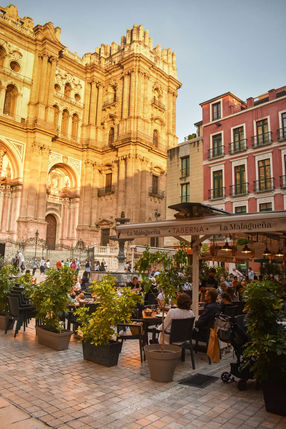 Cathedral terraces and cafes in Malaga historic centre