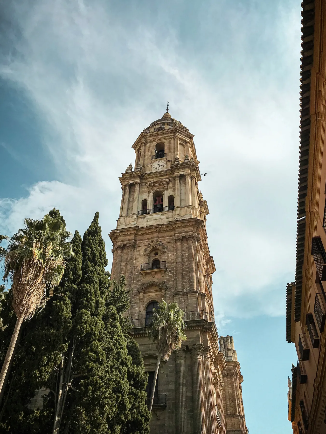Central Malaga landmarks and palm trees