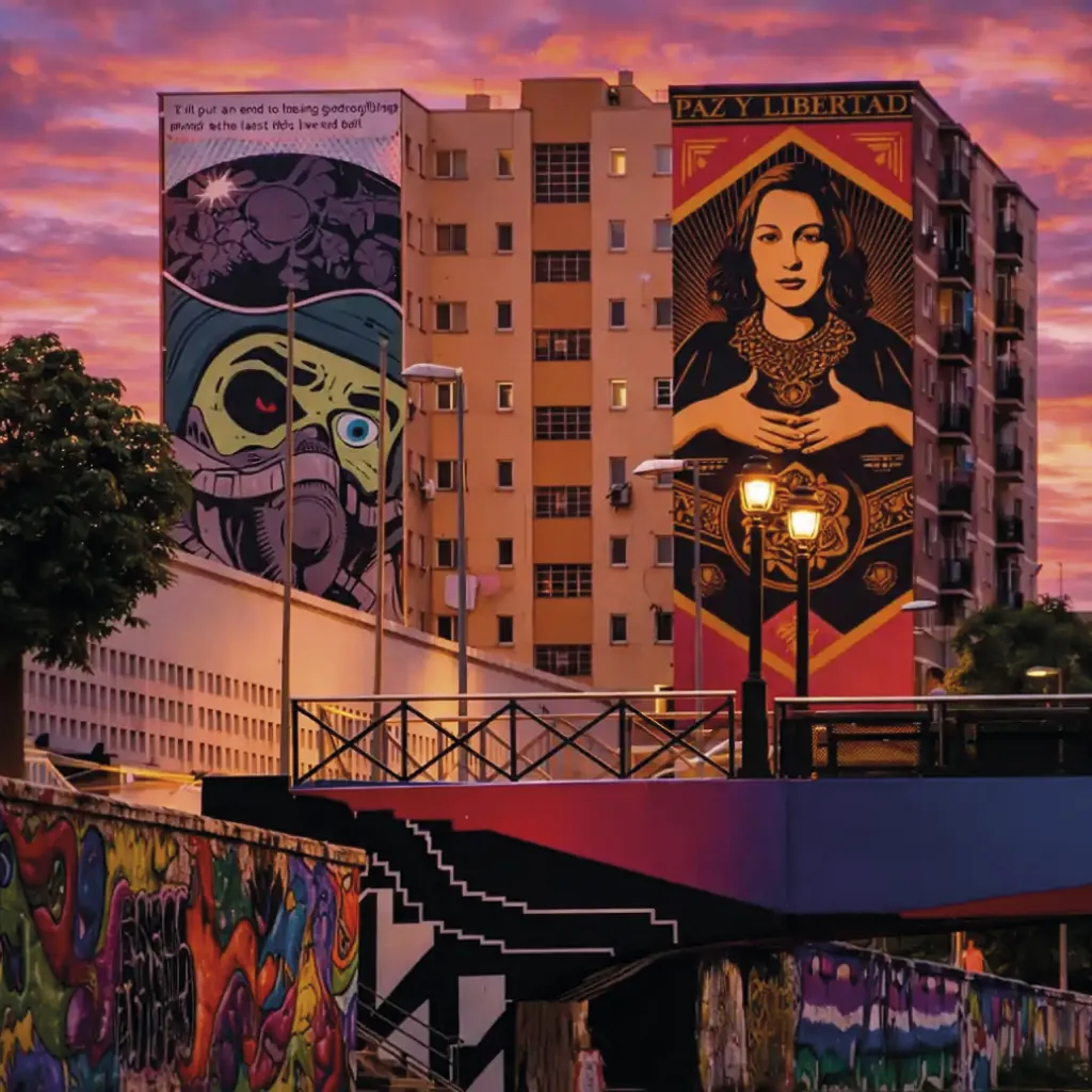 Large street-art murals in Malaga Soho at sunset